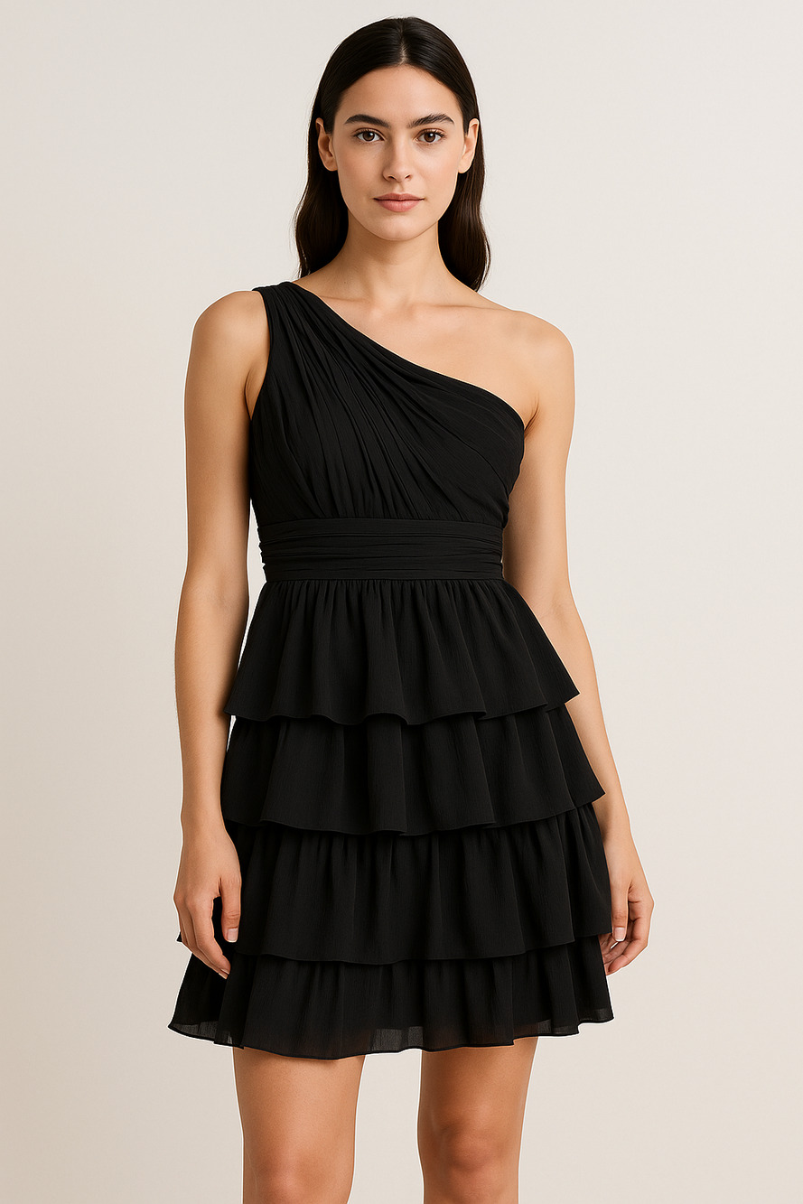 Max & Cleo Size 4 Black One Shoulder Tiered Ruffle Mini Dress Pleated Cocktail